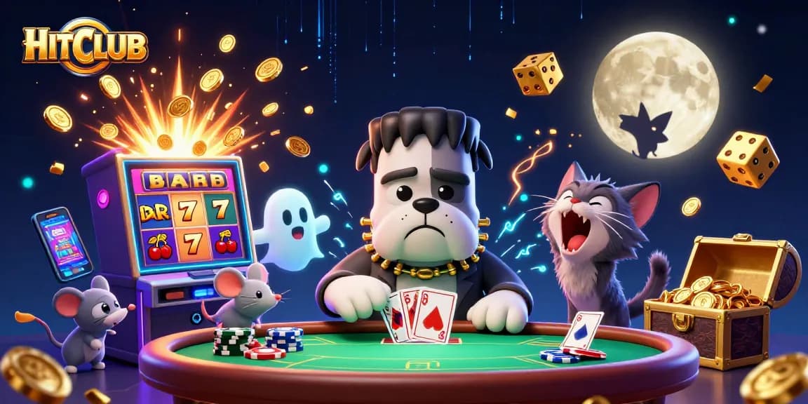 Engage with HITCLUB as Frankenstein bulldog deals cards at a lively casino scene.