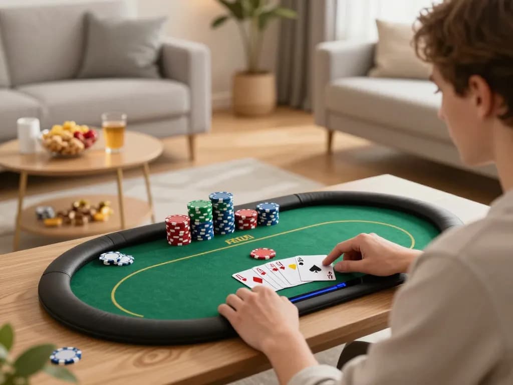 Engaging in strategic online poker gameplay on bayvip within a cozy home environment