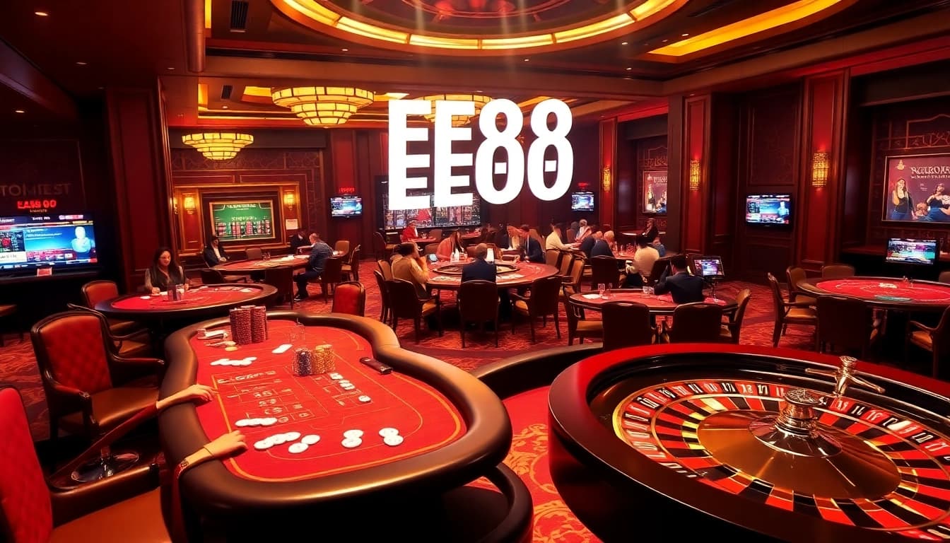 Experience the thrilling ambiance of EE88 with players engaging in poker amidst luxurious casino elements.