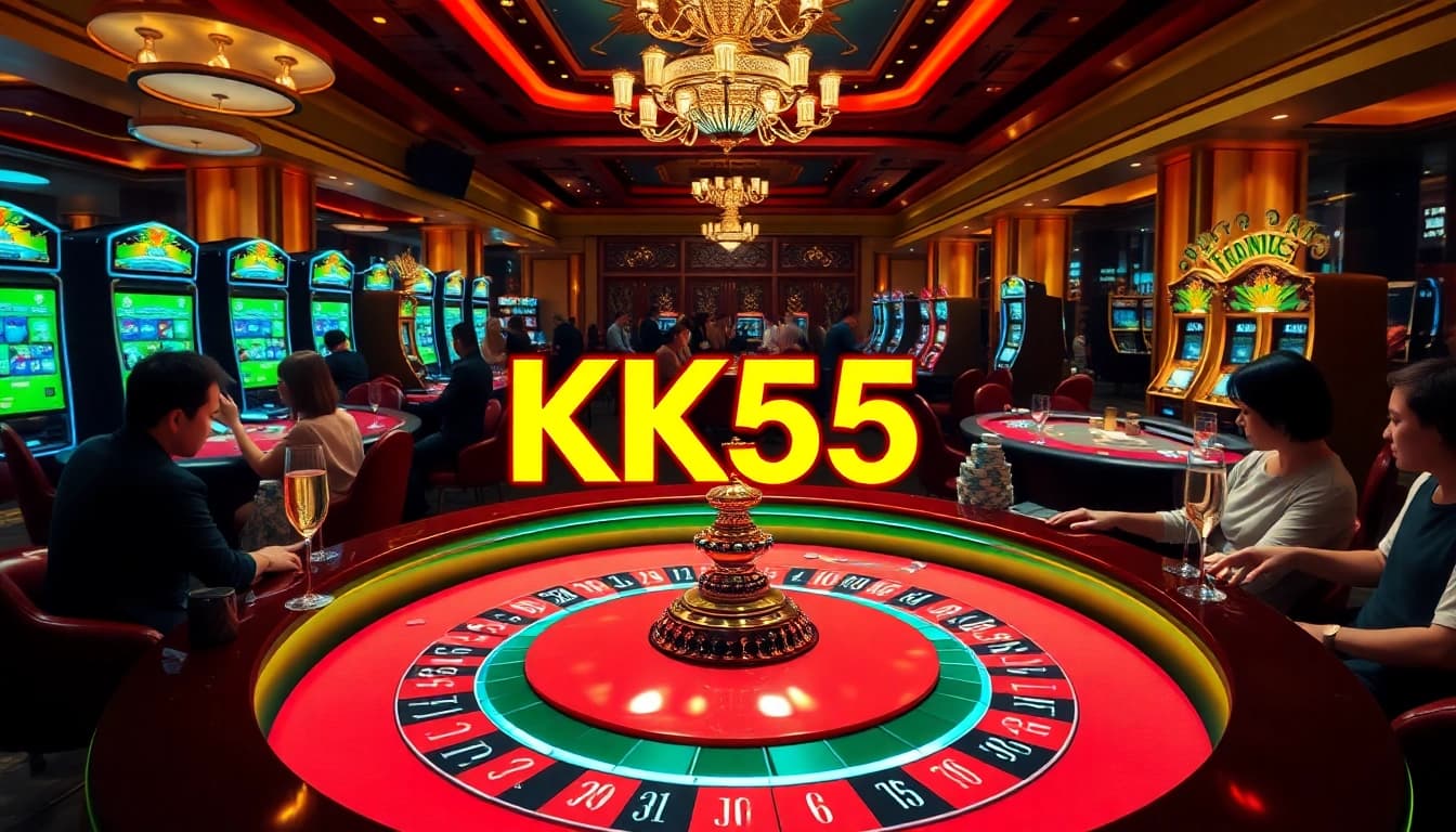 Excited gamblers enjoying games at KK55 casino, featuring roulette and poker tables.