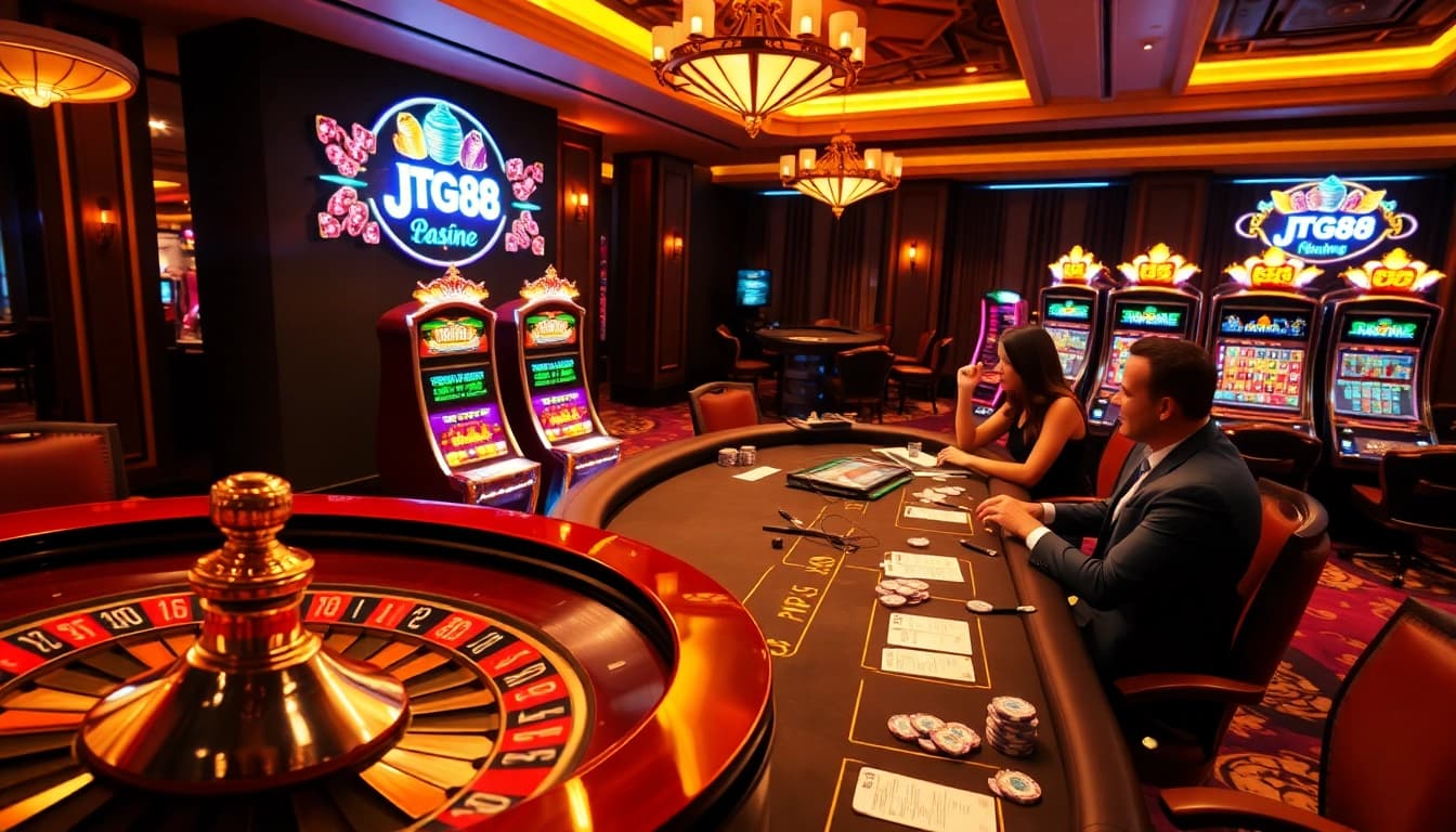 The roulette wheel spins at a luxurious casino, highlighting the thrilling experience of betting at https://jtg88.com/ with vibrant slot machines and engaged players.