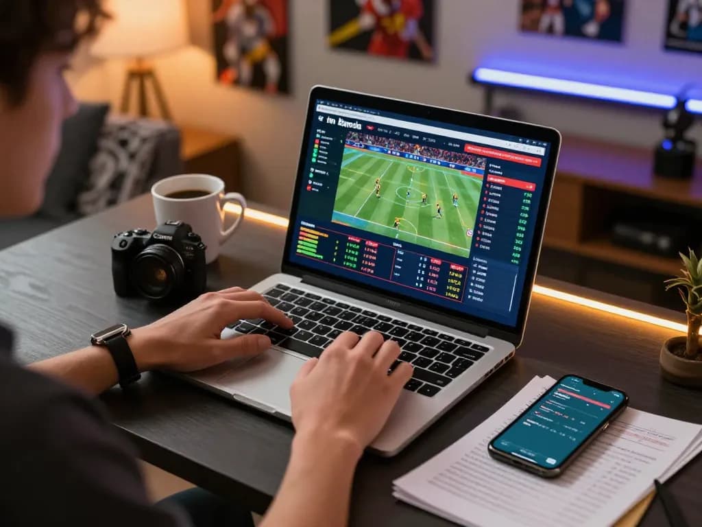 Placing bets on fly88's platform from a modern home setup, complete with sports betting notes and devices.