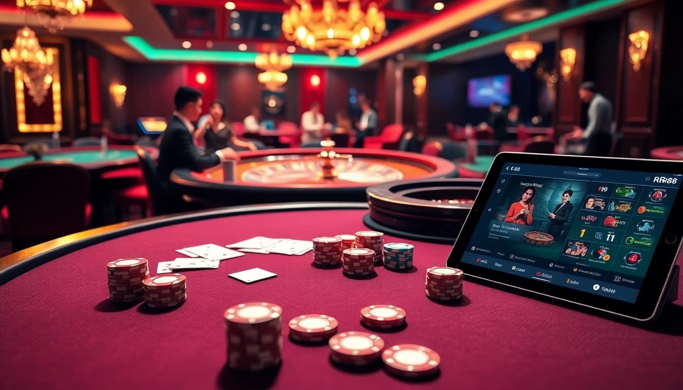 Enjoying a thrilling game at RR88 casino with poker chips and cards on the table.