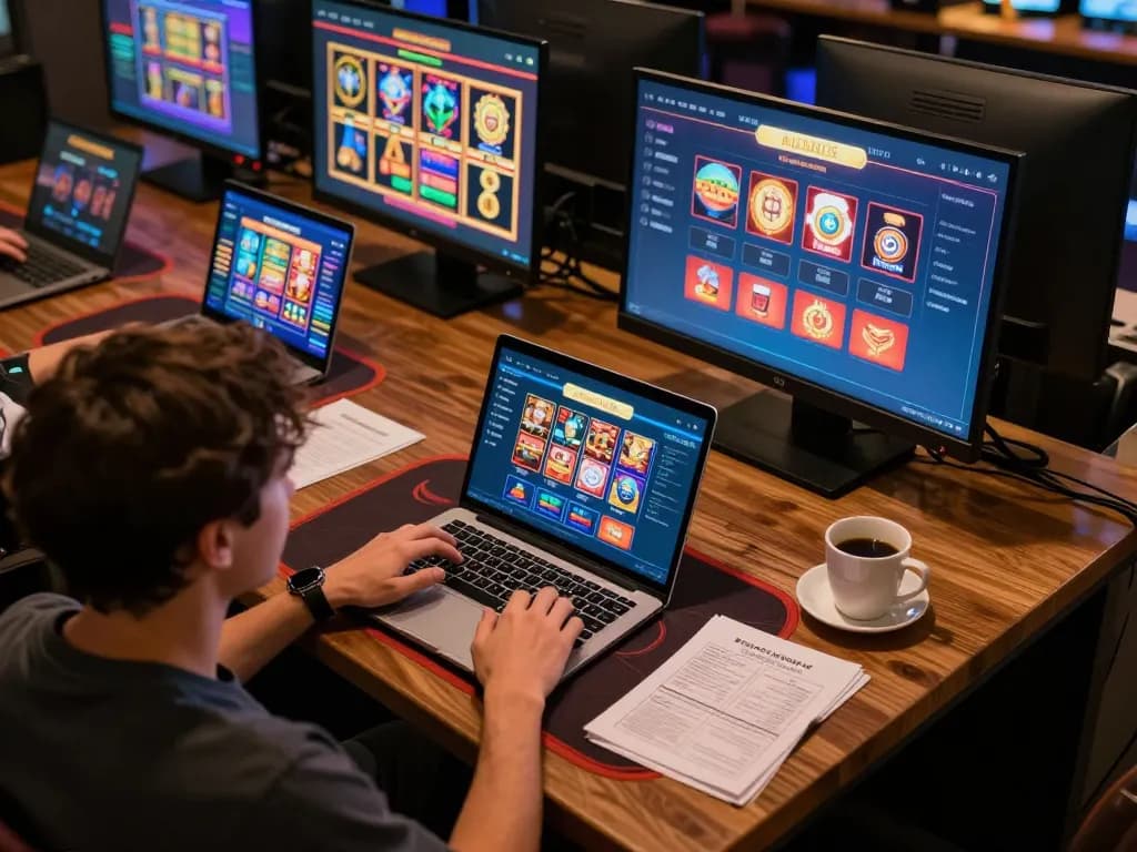 Player experiencing dynamic online slots and dealer games on BET 168's platform, showcasing modern gambling setup.