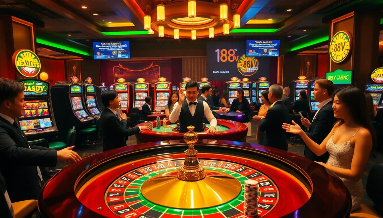 Experience the excitement of live gambling at https://188v.today/ with players enjoying roulette and vibrant slot machines.
