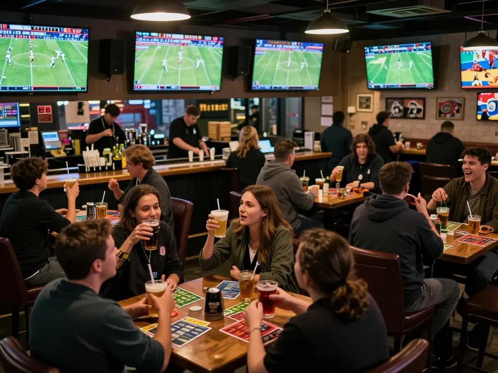 Excited patrons engaging in sports betting on footballl matches at a lively sports bar.