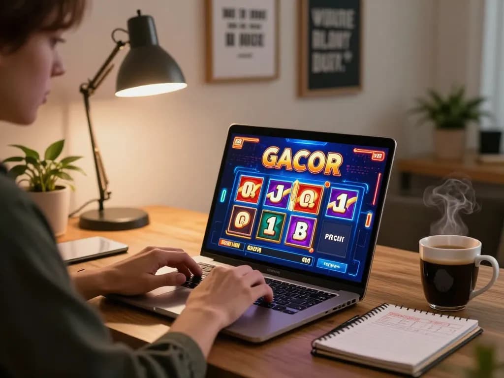 Engaging in Slot Gacor gameplay from a cozy home office, emphasizing responsible gambling.