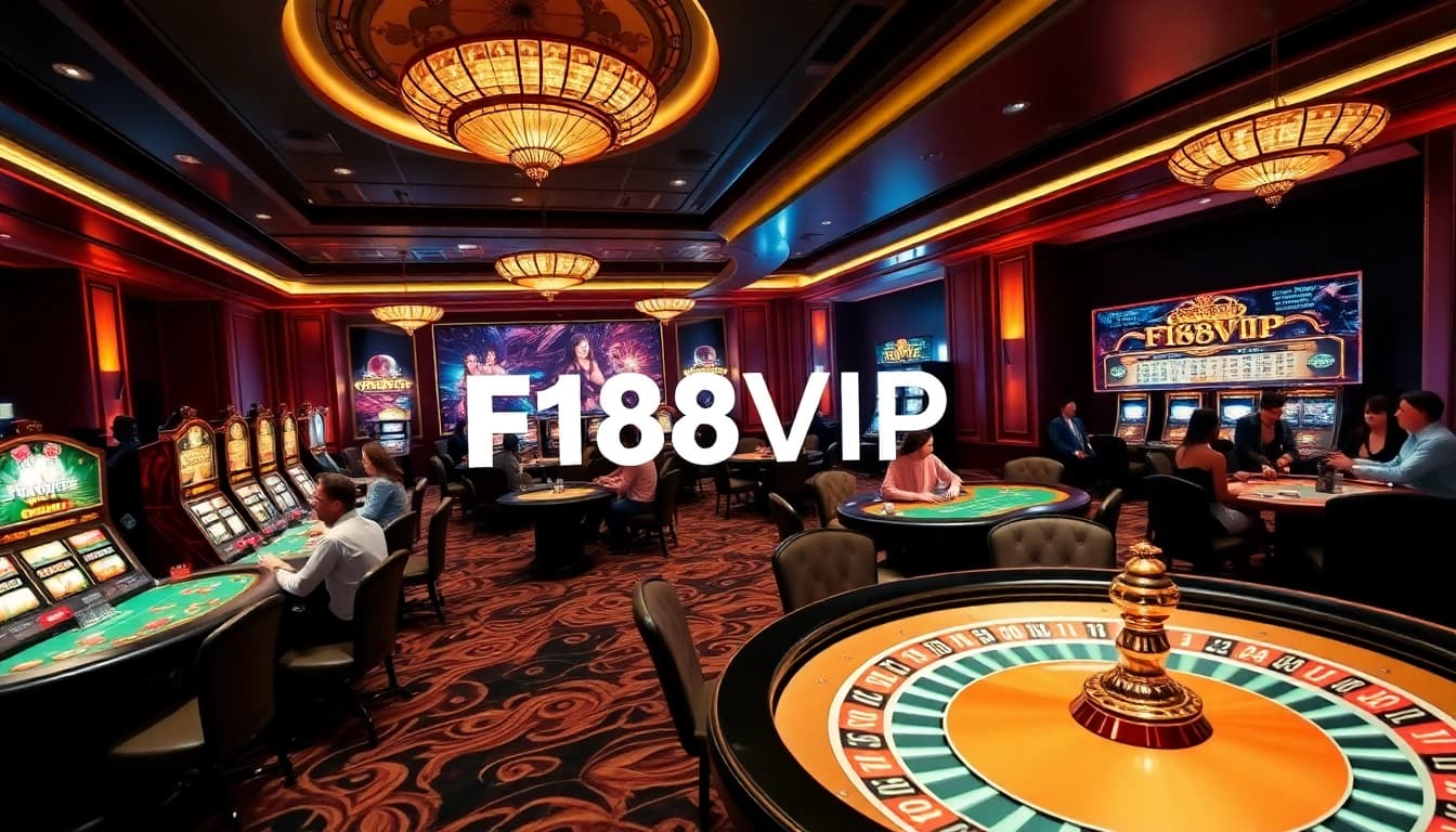 Action-packed scene at F168VIP casino with poker games and vibrant slot machines.