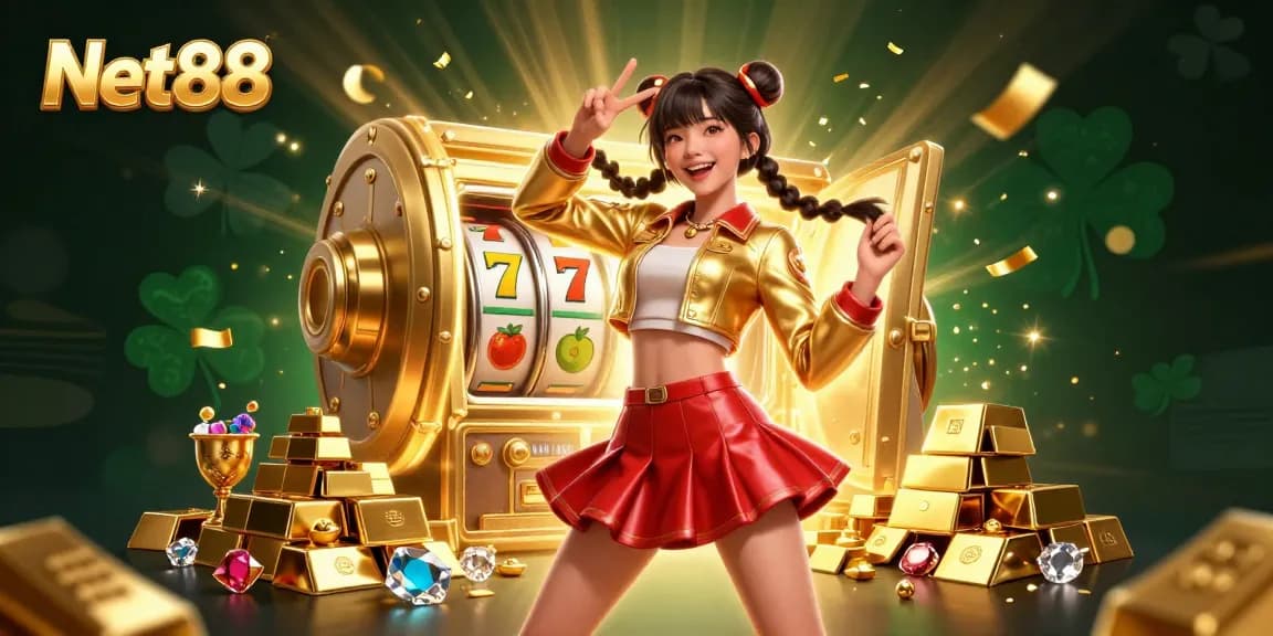 Win big at Net88 with vibrant slots and festive treasures showcased in a dazzling casino scene.