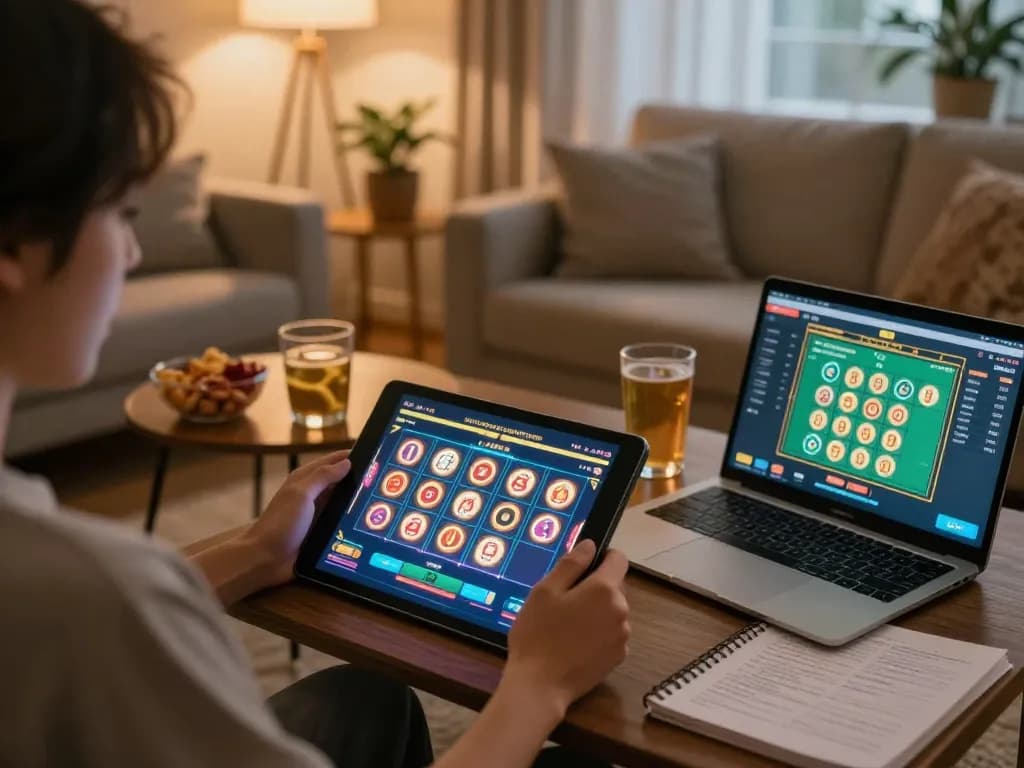 Terlibat dalam permainan toto slot yang mendebarkan di tablet di rumah, dengan antarmuka taruhan langsung yang ditampilkan
