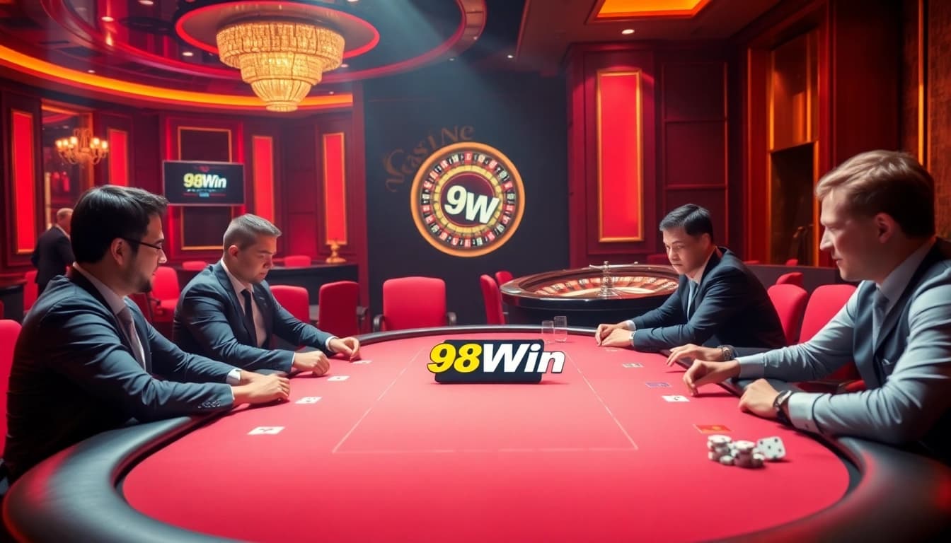 Players enjoying a thrilling poker game at 98Win casino with vibrant ambiance.
