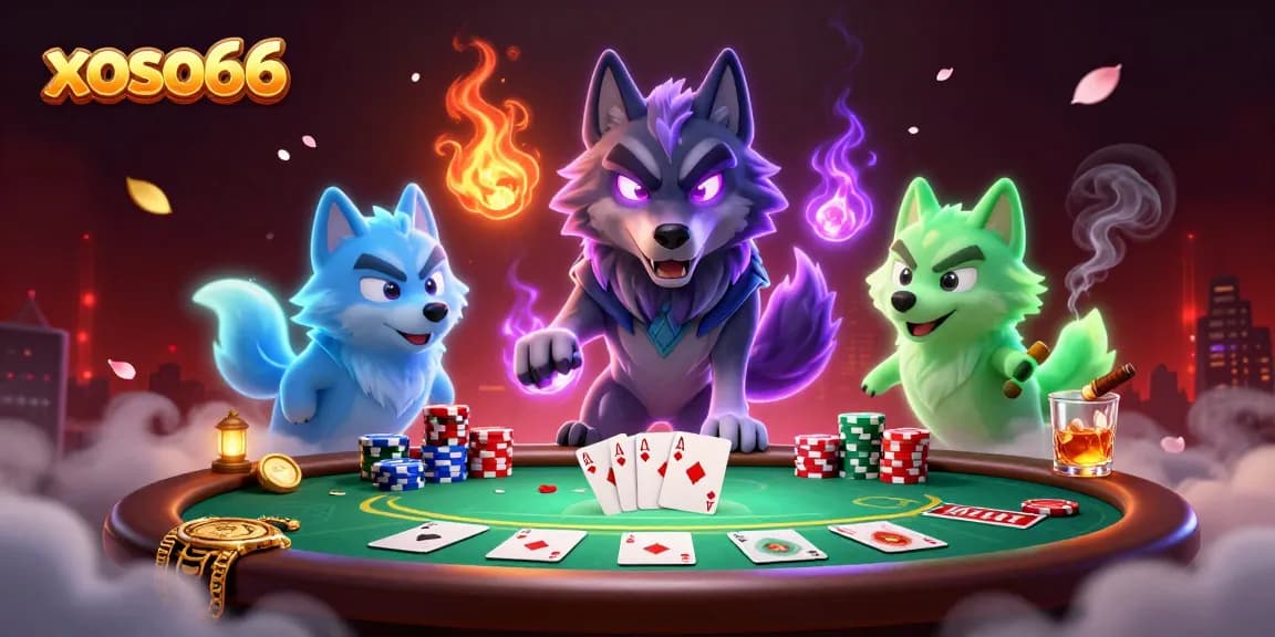 Xoso66 players enjoying a vibrant poker table scene with ghostly wolves and mystical elements.