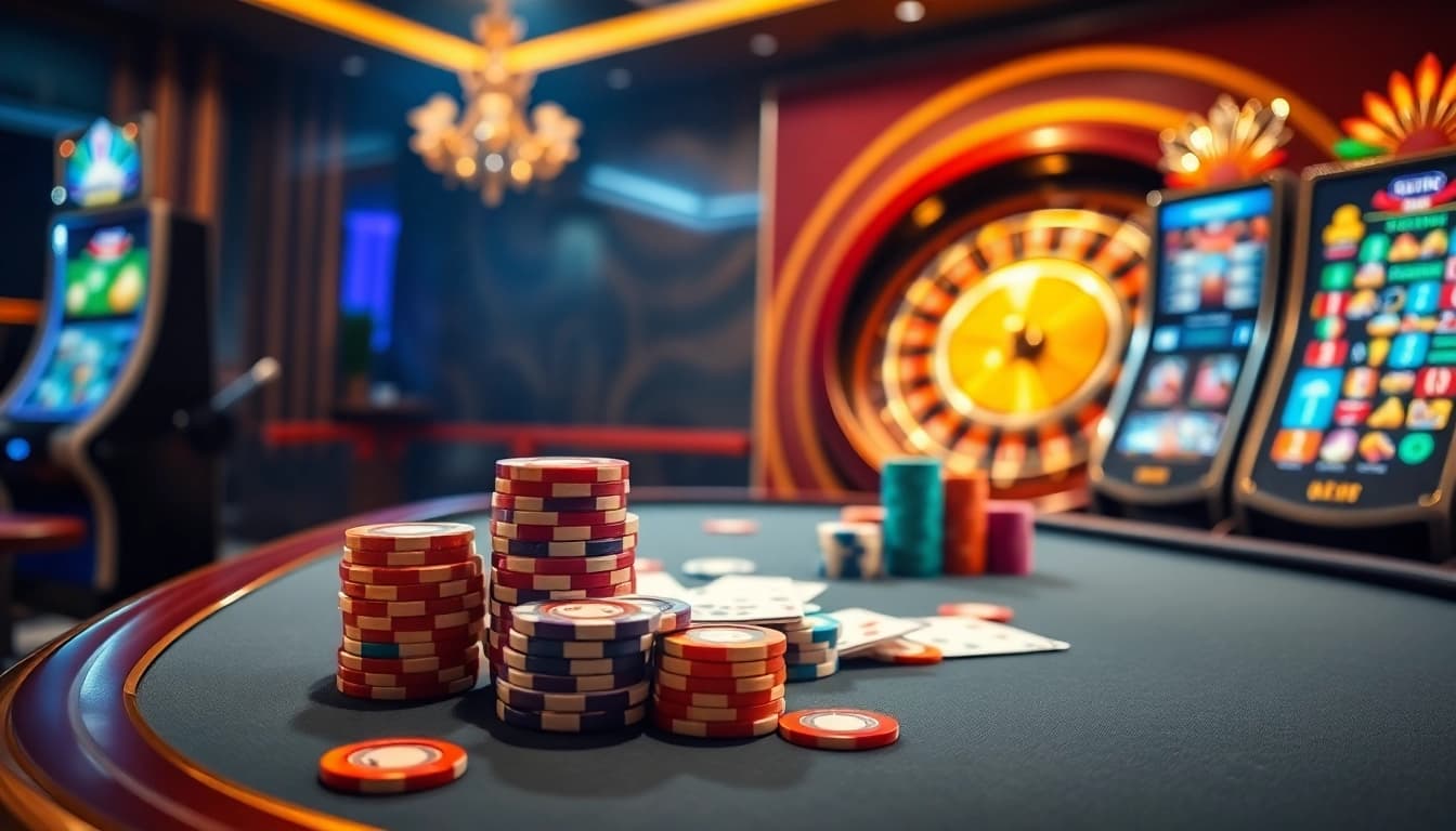 Experience exhilarating gaming at nk88 with vibrant casino tables and poker chips.