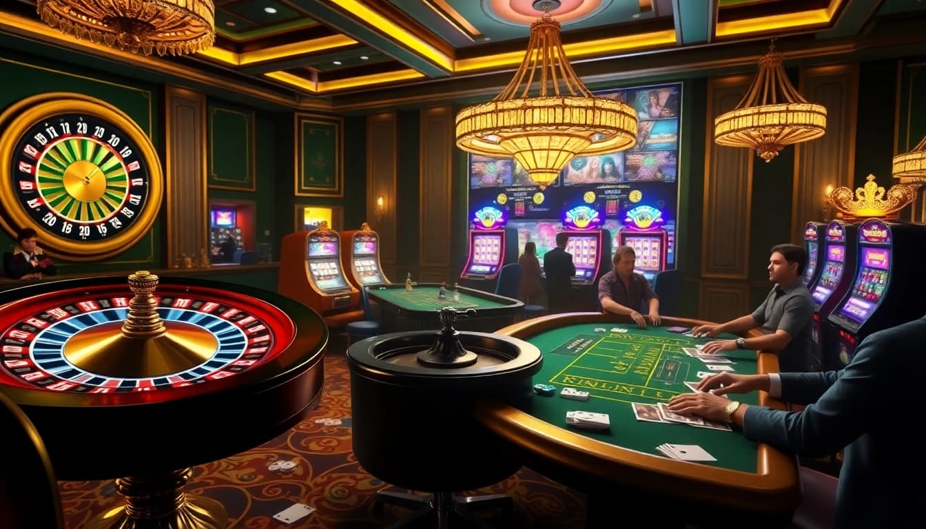 Players engaging at QQ88 casino tables with cards and roulette wheels, highlighting vibrant gambling action.