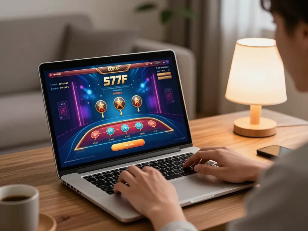 Engaging gameplay on the 577F online casino platform showcasing a laptop interface and cozy atmosphere.