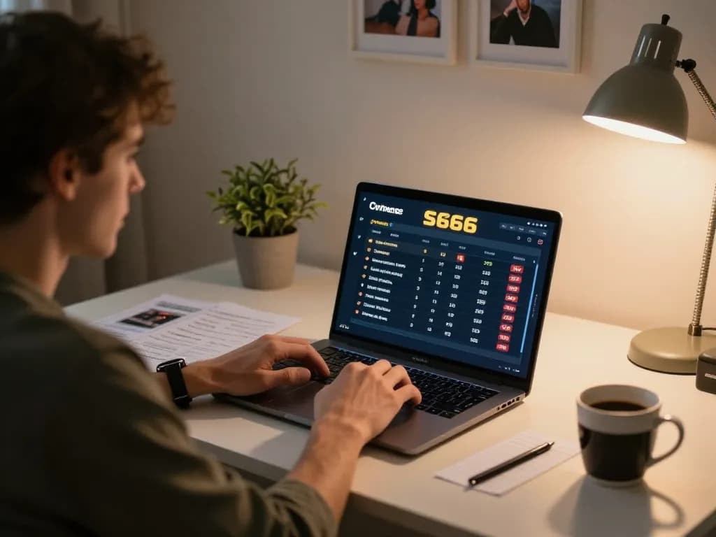 S666 đăng nhập using a laptop at home for online gaming, analyzing betting odds on screen.