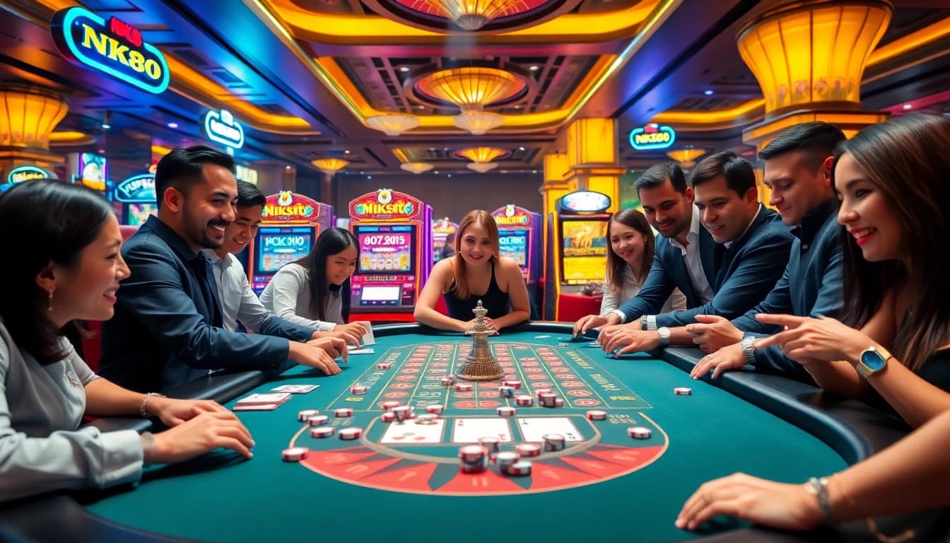 NK88 casino players celebrating their wins at an engaging poker and roulette table.