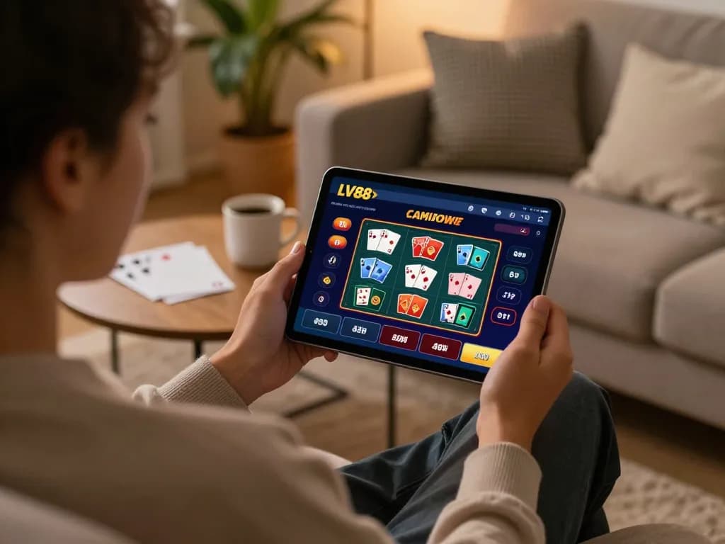 Engaging with the LV88 online casino app on a tablet in a cozy home environment.