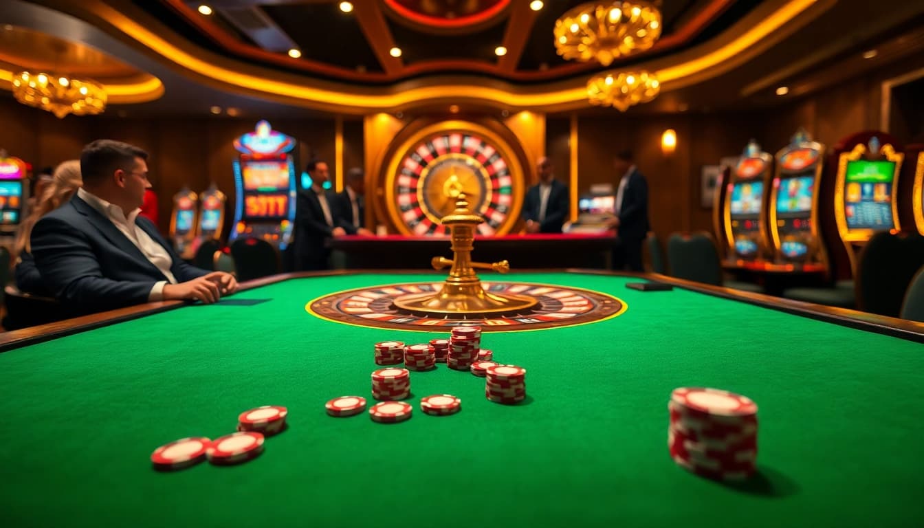Players enjoying high-stakes poker at a luxury casino, highlighting the excitement of LC88 COM.