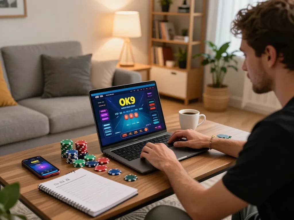 Player enjoying online poker at home with Ok9 interface on laptop amidst cozy ambiance