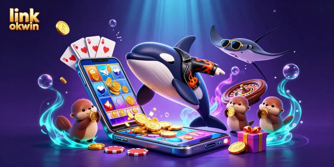 Win exciting jackpots with link okwin! Cartoon orca and stingray in a vibrant casino scene.
