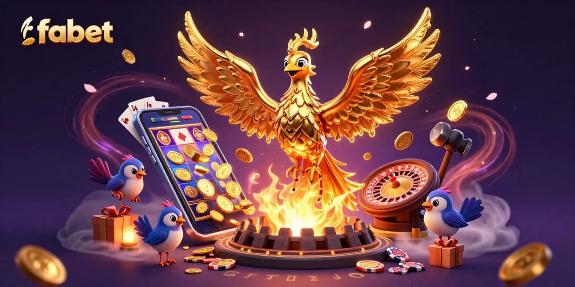 Experience the excitement of fabet games with golden phoenix and slot machines in a dynamic casino scene.