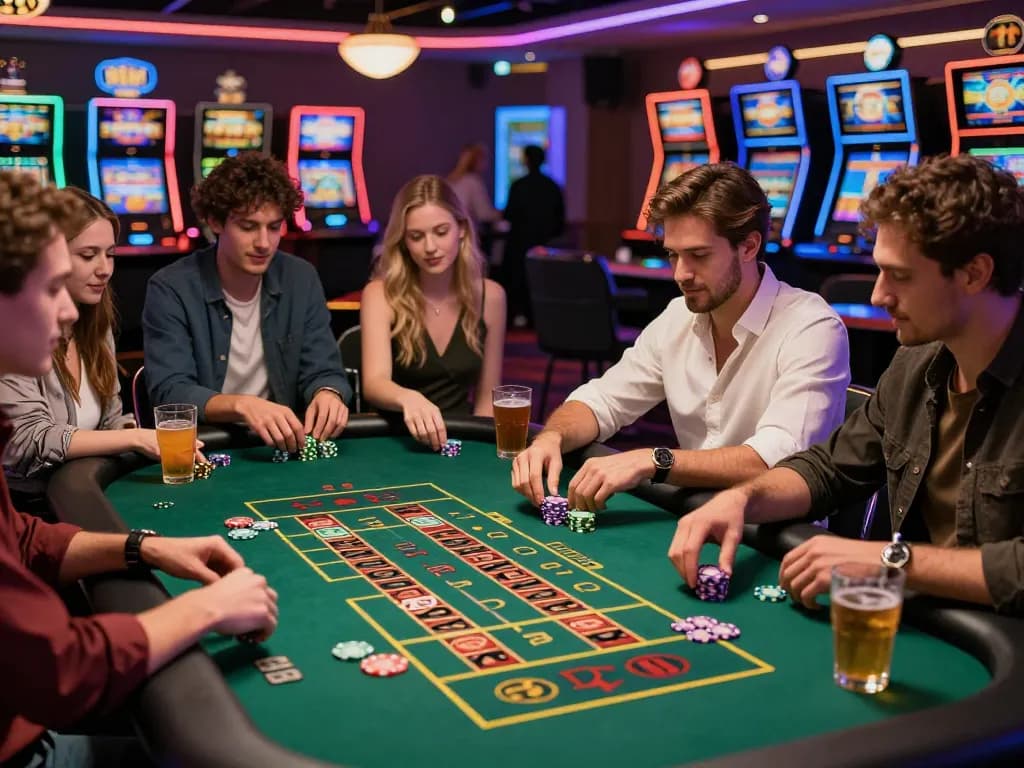 Friends excitedly playing roulette in a vibrant casino setting showcasing MM88 online gambling experiences.