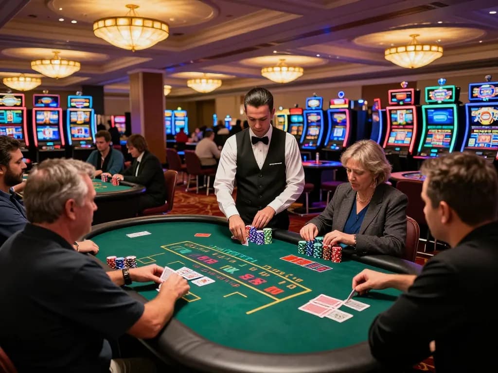 Players at a blackjack table in the hit club casino strategizing for a winning hand