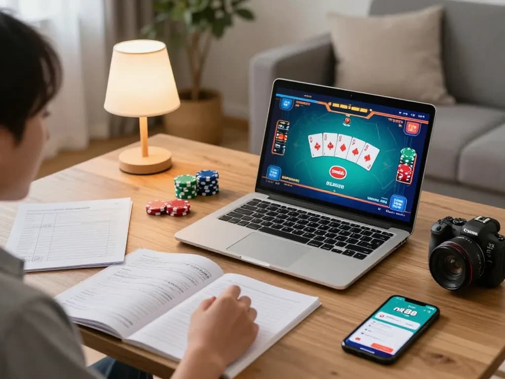 Player strategizing on nk88 while enjoying online poker with cozy ambiance