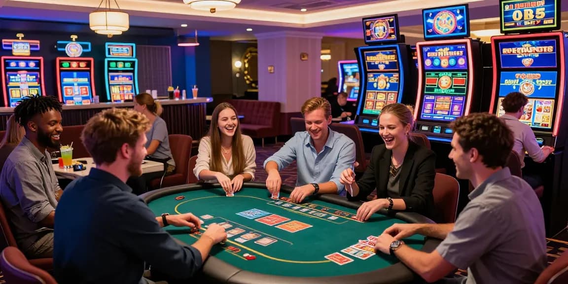 Players enjoying games in a modern non UK casino environment with vibrant lights and lively atmosphere.