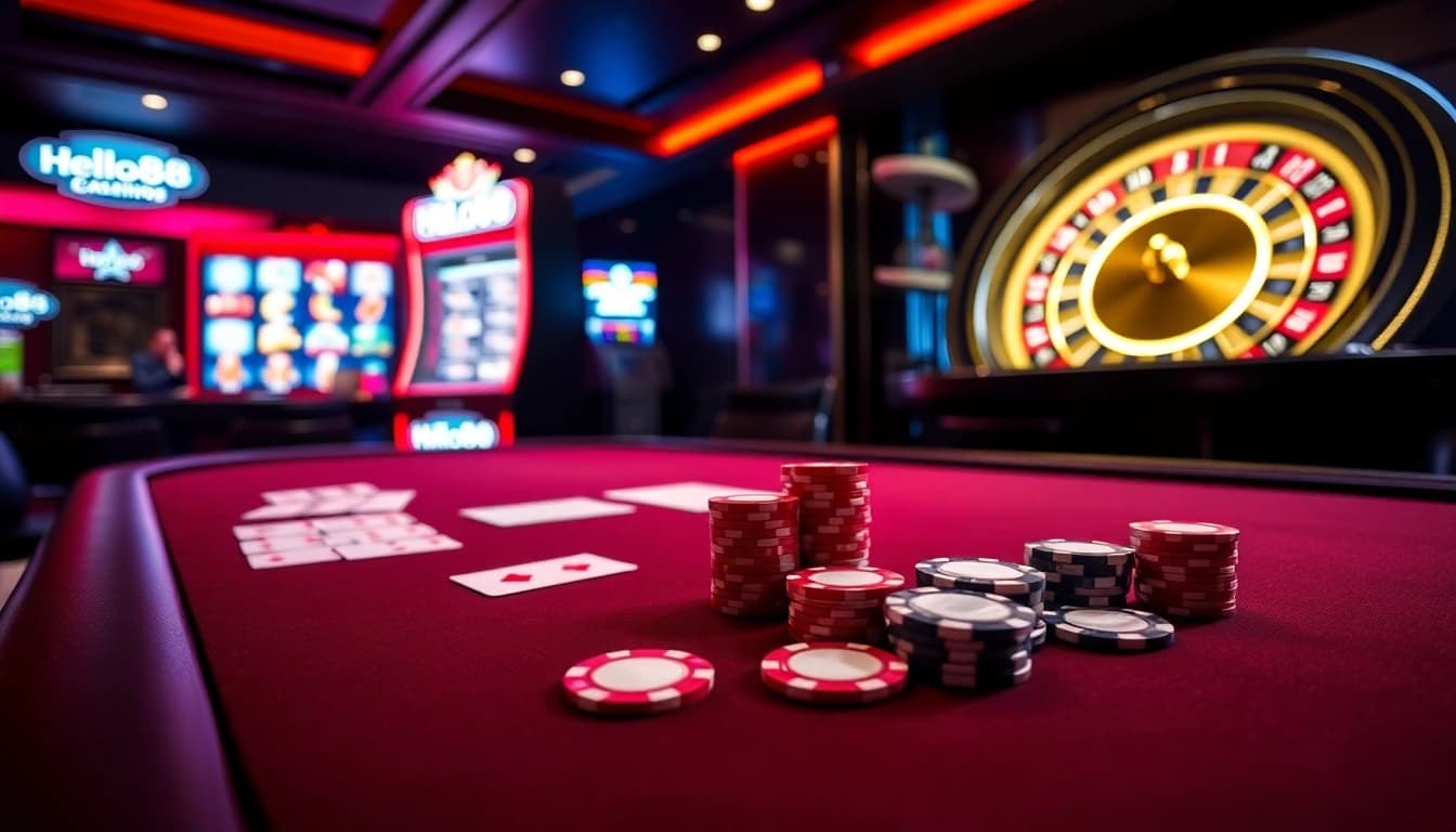 Experience thrilling casino action at Hello88 with poker chips and vibrant slot machines.