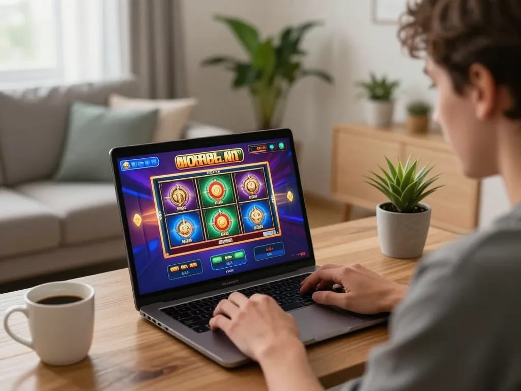 Exciting online gaming action at Nhà cái Rik88 with a player enjoying a slot game on their laptop at home.