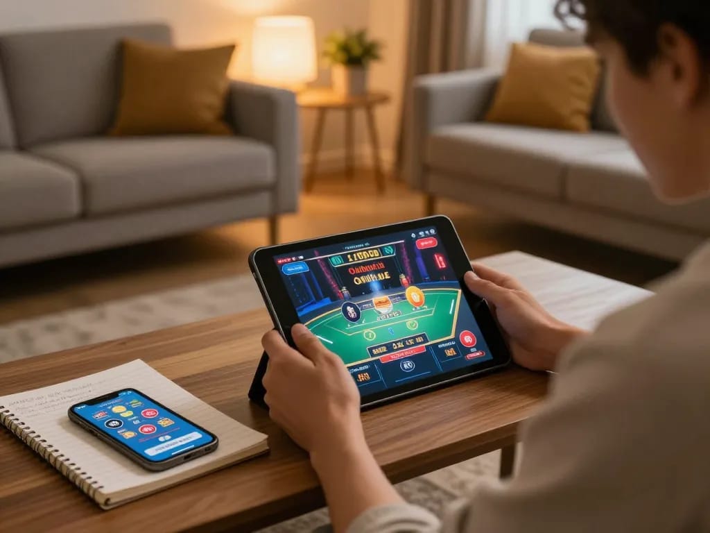 Engaging in online casino games on open88.com with a tablet in a cozy home setting