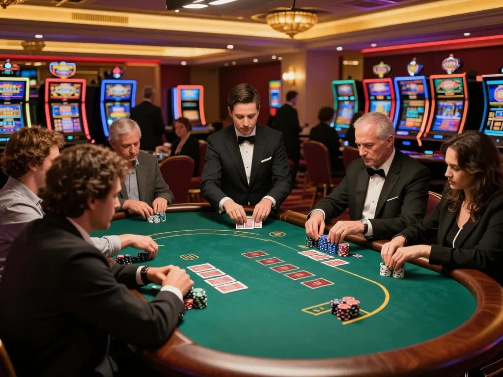 Players engaging in strategic bets at a 90P blackjack table in a luxurious casino.