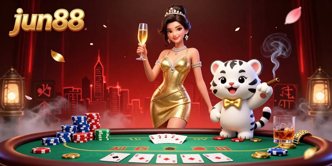 Experience thrilling jun88 gaming moments with a glamorous character and lucky tiger in a vibrant casino scene.