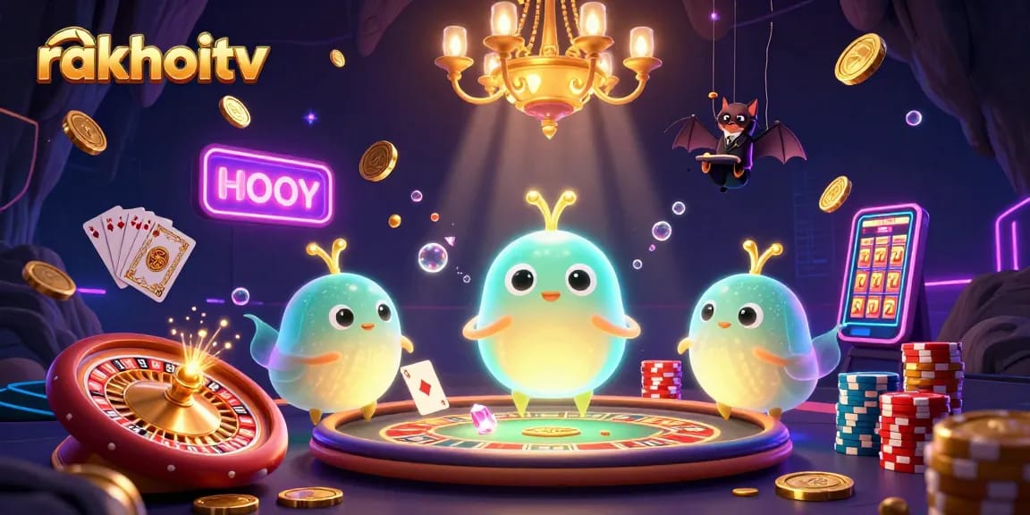 Experience rakhoitv by playing in a vibrant casino illuminated by glowing characters and dynamic elements.