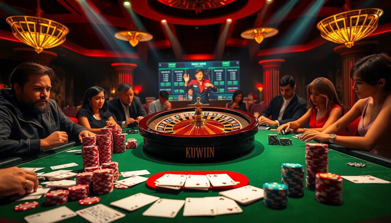 Experience the thrill of winning at https://kuwin1.club/ with a stunning casino scene of chips and a roulette wheel.