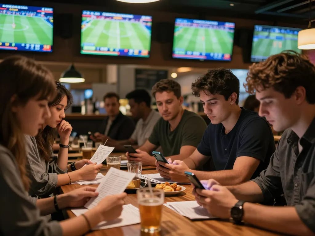 Engaged patrons placing bets on rwin com while watching live sports at a vibrant bar