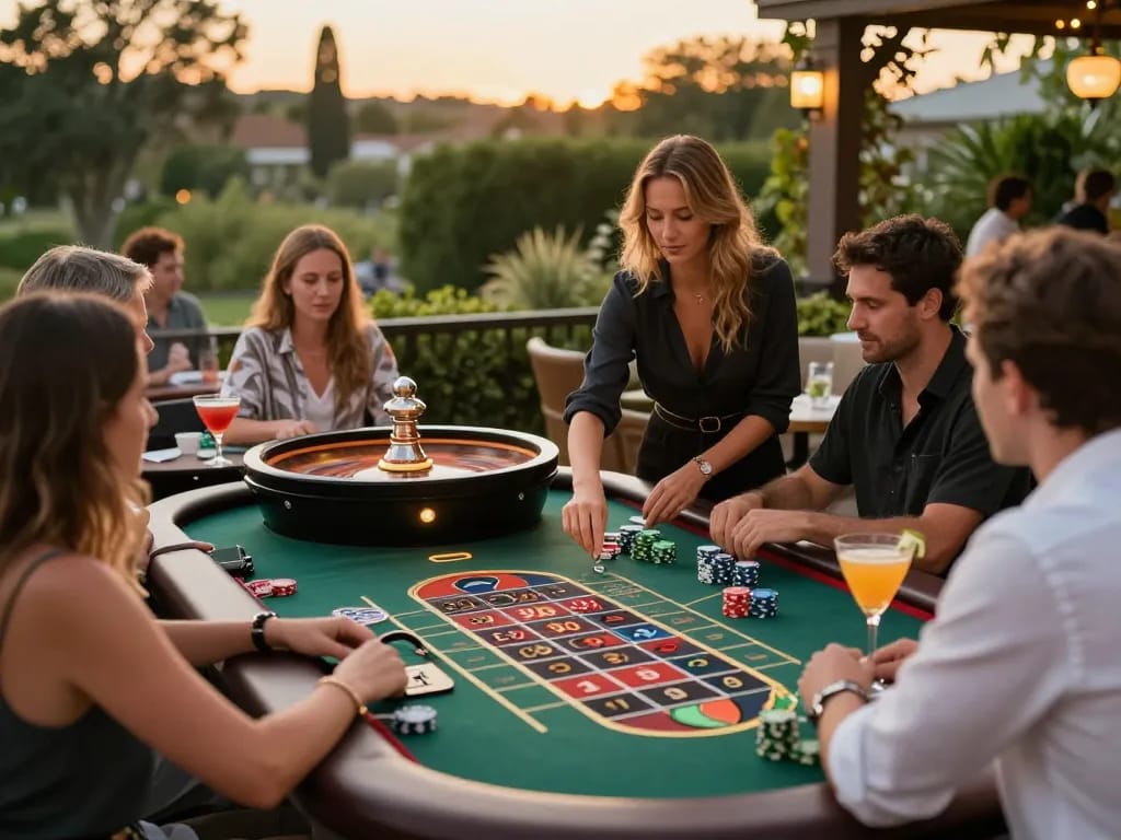 Players engaging at roulette table with VA88 chips in a vibrant casino terrace.