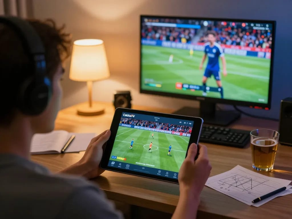 CakhiaTV player engaged in soccer betting at home with warm ambient lighting and strategy notes.