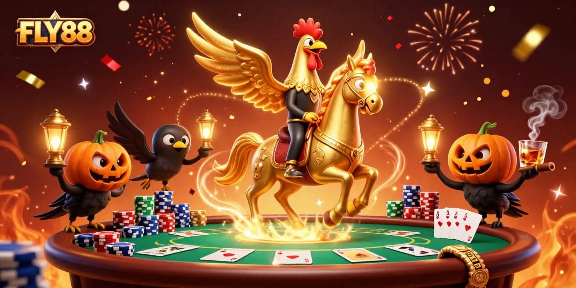 Experience thrilling gameplay at FLY88 with golden rooster characters in a lively casino scene.