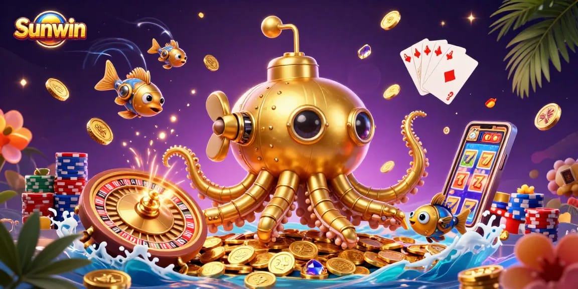 Play exciting games at Sunwin, featuring a golden kraken submarine amidst sparkling treasures and vibrant casino elements.