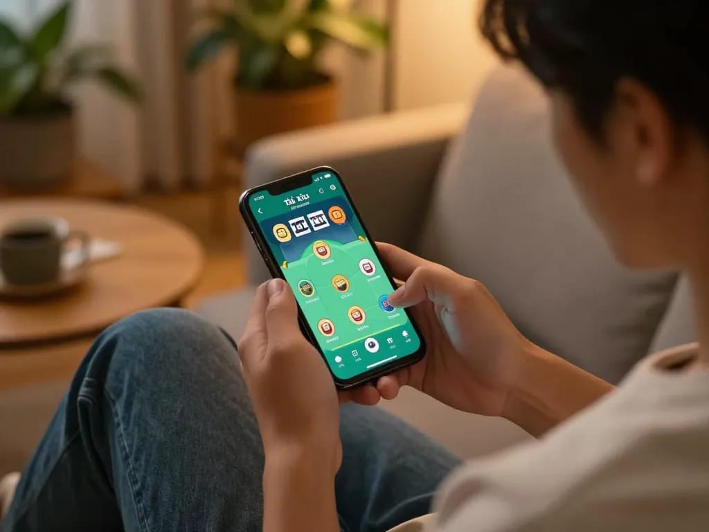 Engaging gameplay on app tài xỉu online uy tín, showcasing a player on their smartphone in a cozy home setting.