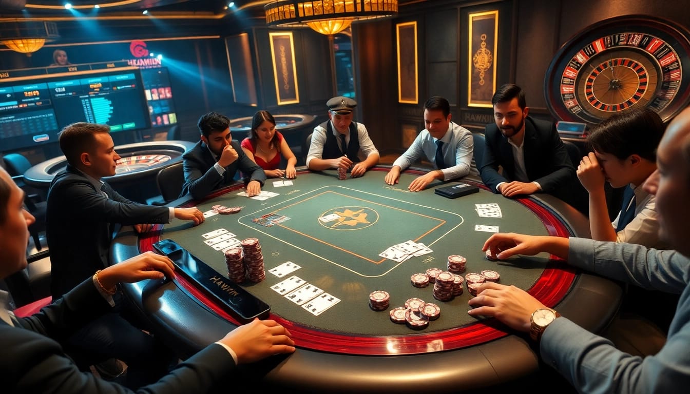Experience high-stakes poker at Haywin's luxurious gaming table, featuring vibrant chips and strategic gameplay.