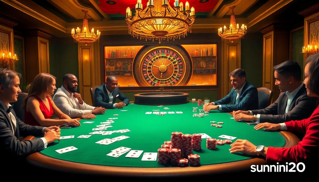 Players strategizing around a poker table at sunwin20 casino, filled with excitement and glamour.
