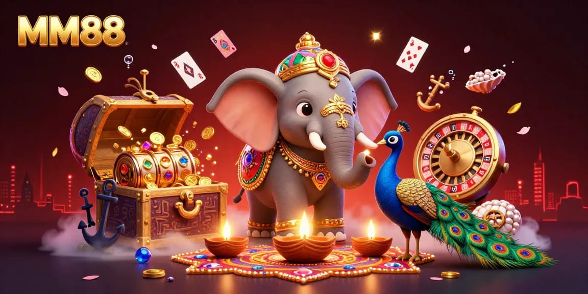 Experience thrilling MM88 casino excitement with a vibrant scene of games and characters.