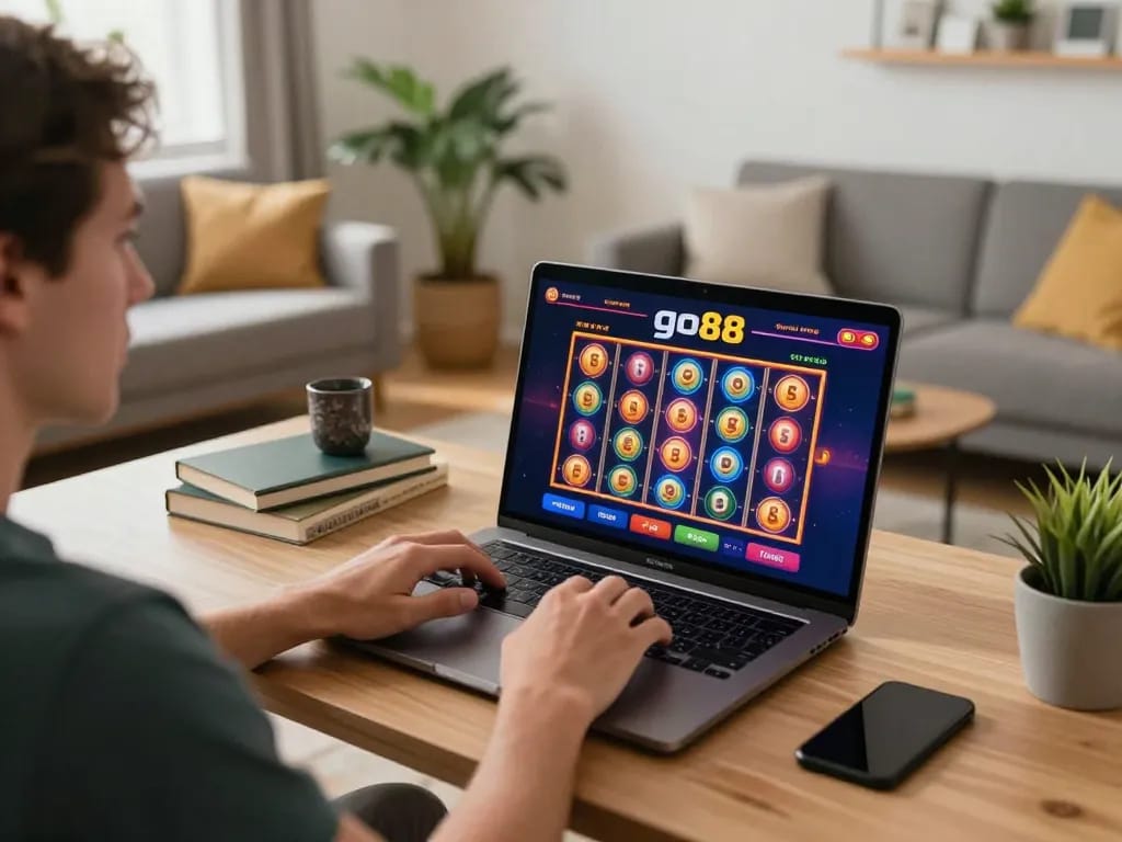 Engaged player enjoying go88 online casino gaming experience at home, vibrant screen displaying exciting slots.