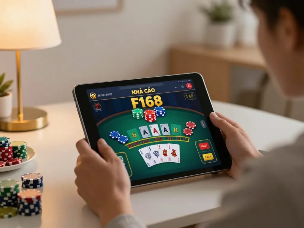Engaged user exploring NHÀ CÁI F168 online casino on tablet, showcasing responsible gambling.
