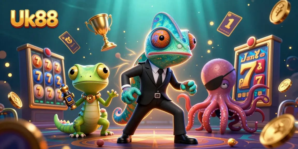 Engage with thrilling slots gameplay at Uk88, filled with vibrant chameleons and dynamic casino elements.