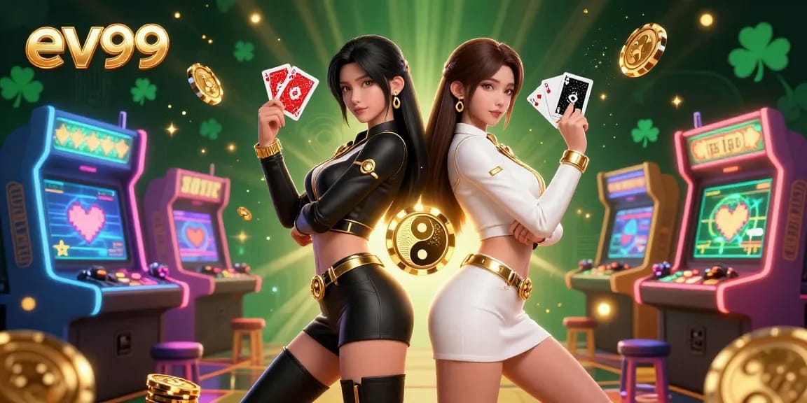 ev99 showcases powerful twin Asian women in casino-themed duel with vibrant gaming elements.